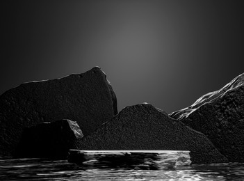 round rough stone pedestal, black cylinder in dark water. 3d render illustration. gray natural decor design. empty base for product promotion. luxury organic mockup with rock shape podium