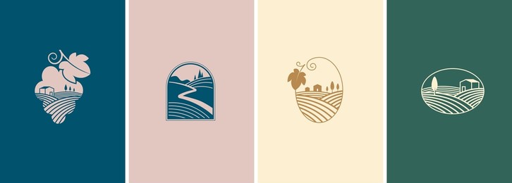 wine, vineyard, organic natural winery logo collection. vineyard field and grapes symbols and icons 