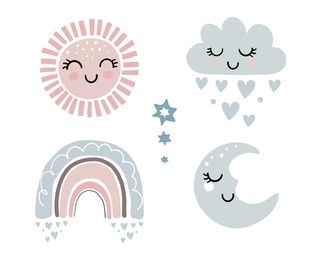 set of cute elements for children s design, sun, moon, rainbow and and cloud. vector flat cartoon illustration isolated on white background for baby shower, party, baby poster. vintage boho style.