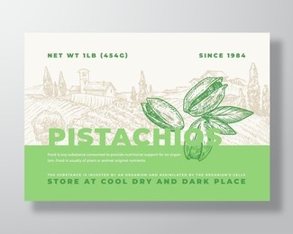 fresh local pistachios food label template. abstract vector packaging design layout. modern typography banner with hand drawn nuts and rural landscape background isolated
