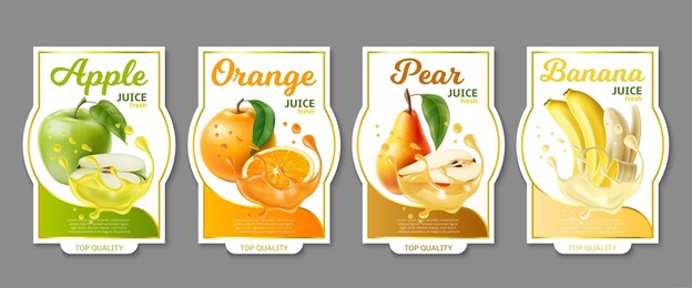realistic fruit labels. different juices stickers. fresh drinks brand emblems. packaging tags with apple and orange. liquid splashes. pear and banana. vector beverage