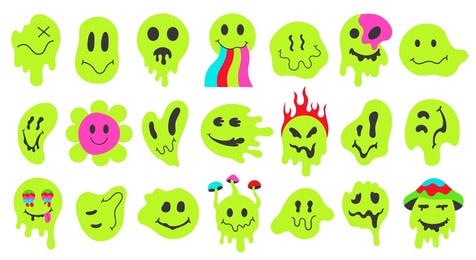 neon melting smiling faces, retro doodle dripping smile emoji. psychedelic groovy characters, graffiti vector illustration set