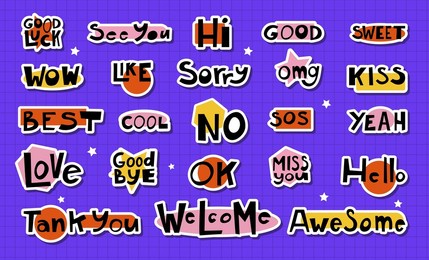 set stickers with quotes and phrases for paper mail, diary or notebook decor. dialog words love, good bye, omg. hand drawn sketch doodle style. chat, mail  and message elements. vector illustration.