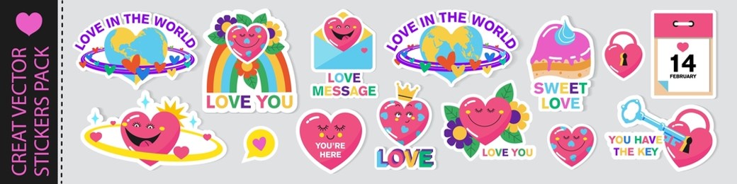 a pack of vector stickers on the theme of love in cartoon style.