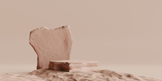 rock podium on sand background for product presentation. natural beauty pedestal, earth tone colour, relaxation concept, 3d illustration
