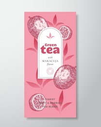 fruit and berries tea label template. abstract vector packaging design layout with realistic shadows. hand drawn maracuja or passion fruit and tea leaves decor silhouettes background. isolated
