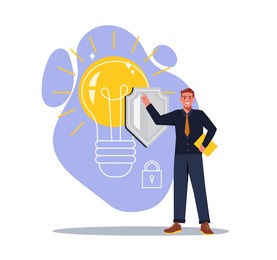 intellectual property concept. young man stands next to light bulb and large shield. patented product, copyright, trademark and prohibition of copying. cartoon modern flat vector illustration