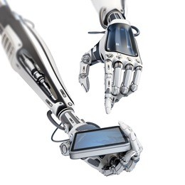 futuristic robot holding glossy smartphone with artificial hand and touching it by finger isolated on white background. 