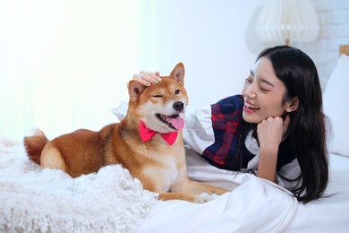asia woman is stroking a shiba dog's head on the bed and she has a smiling face with white background.