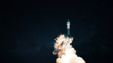 new space rocket with puffs of smoke and blastoff successfully takes off into space. 