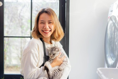 close up beautiful asian woman smile and raising the charming adorable english cat during working household chores in wash room for animal lover and lifestyle people concept