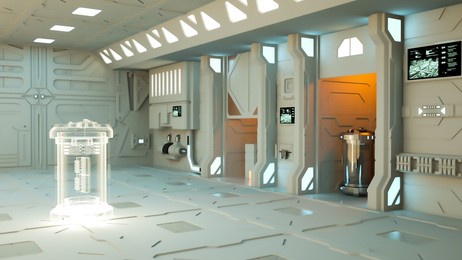 high tech object being materialized in a science fiction lab or space ship. 3d rendering