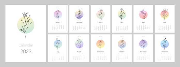 calendar template for 2023. vertical design with botanical line art. natural colors. editable illustration page template a4, a3, set of 12 months with cover. vector mesh. week starts on sunday.