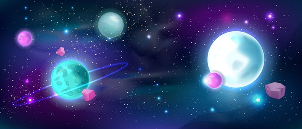 space background, vector universe galaxy sky, cosmic night neon planet view, sci-fi game illustration. shining moon, saturn, star, asteroid, astrology futuristic wallpaper. space abstract background