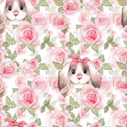 watercolor seamless pattern with cute rabbits and rose flower