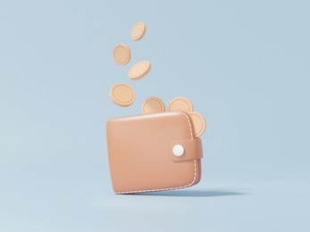 coins money floating into wallet brown with cashback concept. finance saving online payment, cartoon minimal style on sky blue background, banner, 3d render illustration