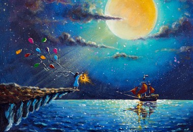 painting romantic girl with colorful balloons on rock with lantern waiting meets pirate ship with red sails sailing in night on blue sea, large glowing planet moon fantasy fine art paint concept