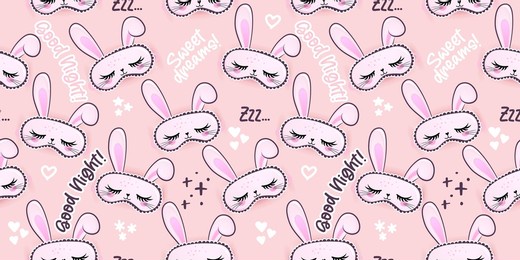 bunny sleeping mask pattern with good night, sweet dreams and zzz... text - funny hand drawn doodle, seamless pattern. sleeping mask, stars, hearts. cartoon background, texture for bedsheets, pajamas.
