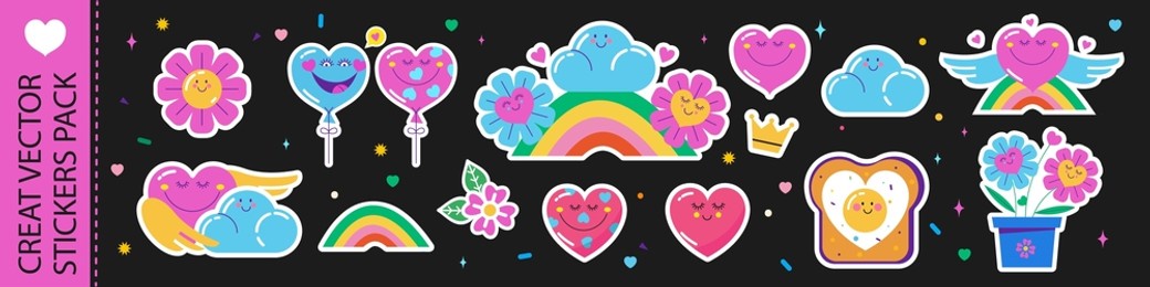 a set of vector stickers. hearts with cute faces, flowers in love and a rainbow.