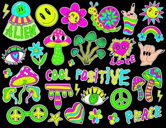 psychedelic hipster set. retro 70s, hippie stickers, groovy elements. cartoon funky flowers, rainbow, vintage hippy style. vector illustration
