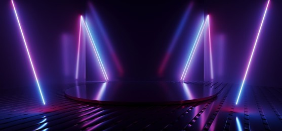 sci fi futuristic stage neon glowing gradient vibrant laser beams purple blue red colored metal shiny glossy circle stage mesh floor clean modern spaceship cyber background 3d rendering