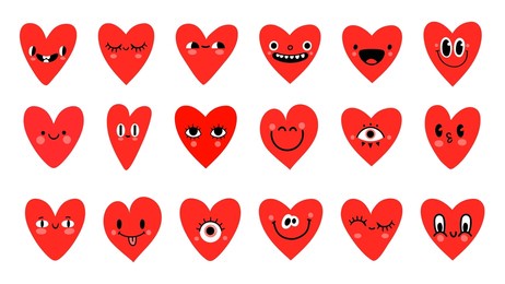 cartoon red heart characters with funny faces emoticon. valentine day symbol. cute romantic hearts with eyes for logo or sticker vector set. smiling facial expressions isolated on white