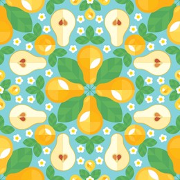 pears modern abstract background. garden fruit  geometric mosaic pattern. symmetrical decorative ornament with whole and halves yellow pears, leaves and flowers