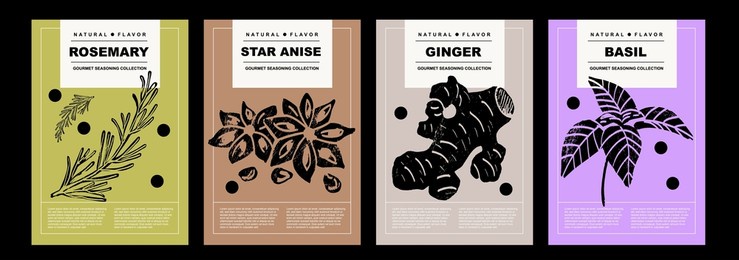 rosemary, star anise, ginger, basil. set of posters of spices and herbs in a abstract draw design. label or poster for food preparing and culinary. simple, flat design. for poster, cover, banner. 