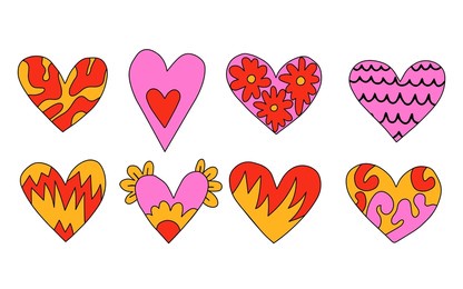 vector set of vibrant psychedelic valentines.hippie collection hearts for valentine's day.punk rock style 70s and 80s.stories social media stickers.romantic heart shapes in funky and groovy style