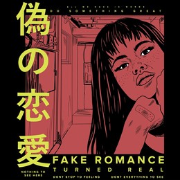 japanese slogan with manga face translation: "fake romance." vector design for t-shirt graphics, banner, fashion prints, slogan tees, stickers, flyer, posters and other creative uses	
