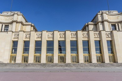 trocadero is a area of paris on the banks of seine not far from famous eiffel tower. hill of trocadero is hill of chaillot. on a hilltop in 1937 built a new palace - palais de chaillot. paris, france.