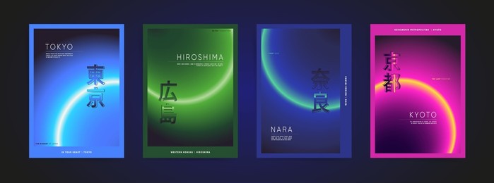 japanese means - tokyo, hiroshima, nara, kyoto. neon gradient a4 vertical page template design. cyberpunk blurry laser poster covers. hi tech backgrounds set for poster, brochure, banner, decor print.