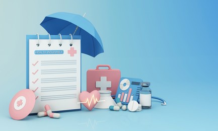health insurance form surrounded by shields heart shapes and hatrates and umbrellas and pills. first aid box and vaccine bottle on pastel blue and pink background 3d rendering
