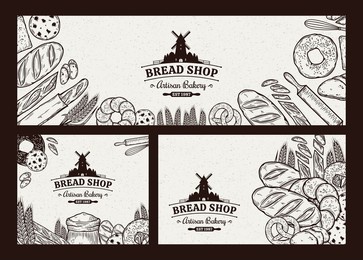 vintage bakery banners with hand-drawn bakery products. bread and bakery illustrations, vector food icons