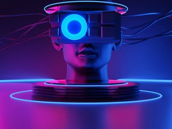 metaverse vr simulation gaming cyberpunk style, digital robot ai, 3d illustration rendering, 