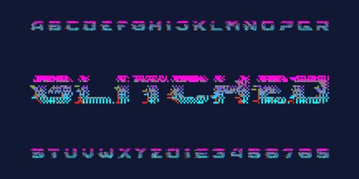 glitched alphabet font. distorted pixel letters and numbers. 80s arcade video game typescript.