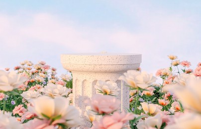 natural beauty podium backdrop with spring rose flower field scene. 3d rendering. 