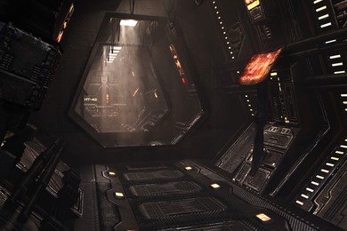 dark atmospheric corridor in a futuristic space ship  or station. science fiction concept 3d rendering.