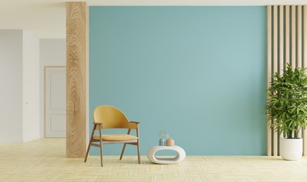mockup living room interior with armchair on empty blue color wall background.3d rendering