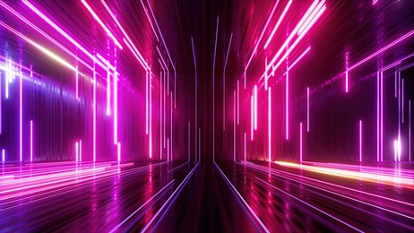 3d render, abstract neon background with glowing lines, empty room with floor reflections