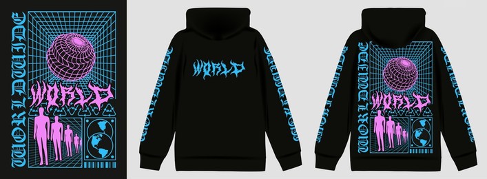 modern poster with text "world". in techno style, stylish print for streetwear, print for t-shirts and hoodies, isolated on black background