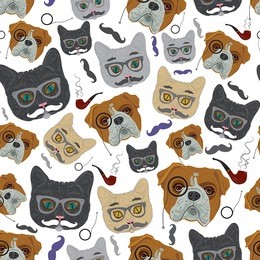 cat and dog. vector seamless pattern. dog gentleman, hipster cat.