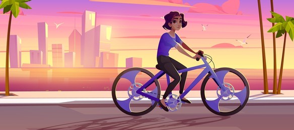 young woman ride bicycle in city park at sunset cityscape background with skyscrapers and palm trees at sea bay. girl outdoor activities, cardio exercise, healthy lifestyle cartoon vector illustration