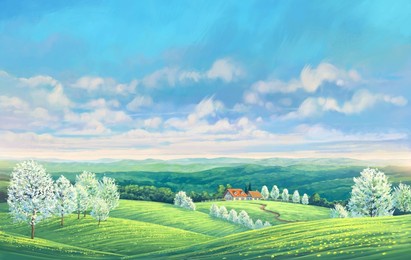 spring rural landscape with hills and flowering fruit trees and also with a village in the background. raster illustration.