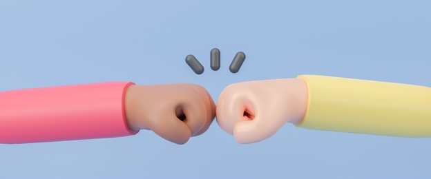 3d cartoon hand and partner giving fist bump hand, fist bump icon, two fists bumping each other, black and white interracial hands bumping fists, teamwork, partnership, friendship, 3d rendering.