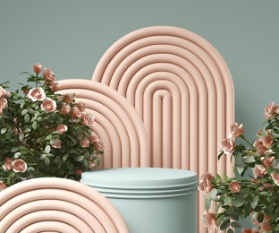3d rendering scene with podium and flower abstract background. geometric shape in pastel colors.