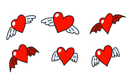 heart with wings. winged hearts. wings of angel, devil, imp. red sticker with an outline. stock vector cartoon flat illustration on a white background.
