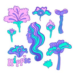 colorful flower set,  retro 60s, 70s hippie style. vintage psychedelic  vector design elements. isolated on white. great for stickers, patches and textile prints.