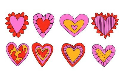 vector set of vibrant psychedelic valentines.hippie collection hearts for valentine's day.punk rock style 70s and 80s.stories social media stickers.romantic heart shapes in funky and groovy style