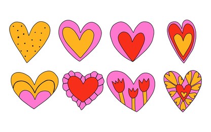 vector set of valentines in hippie style.vintage heart shapes with flowers.love message sticker.vintage postcards in the style of the 60s and 70s.retro tattoo templates.kidcore style